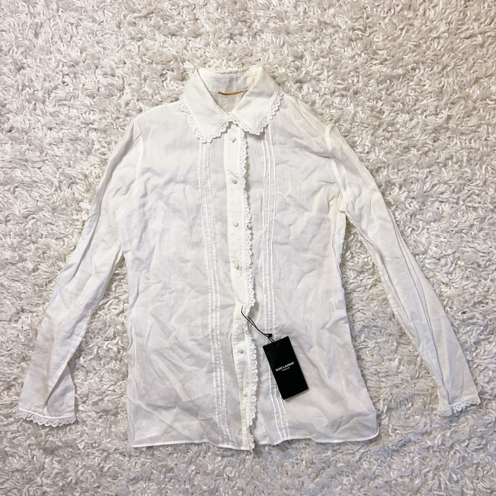 NWT SAINT LAURENT White Cotton Lace Blouse Shirt 36